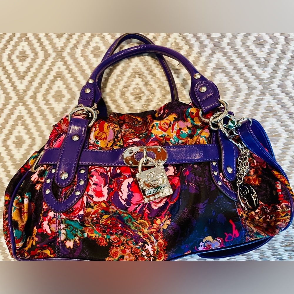 Kathy Van Zeeland Purple Floral Purse Bag Top Handles Strap